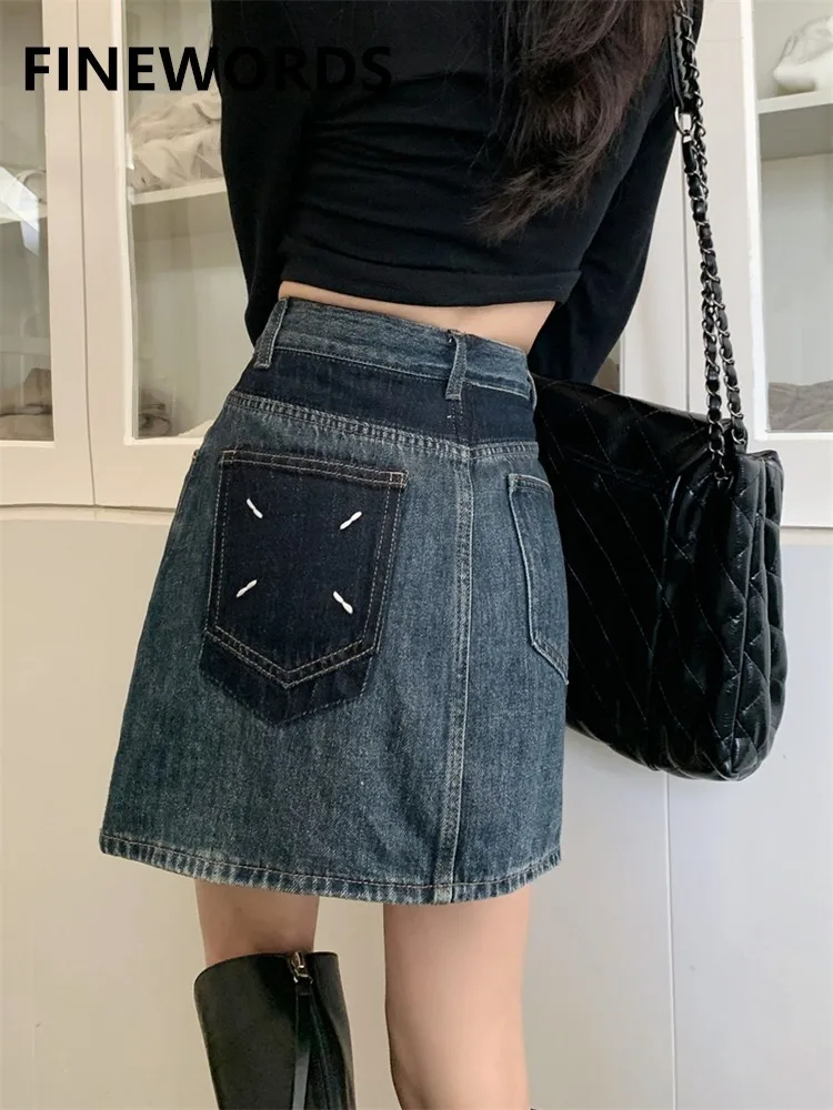 

FINEWORDS Korean Sexy Mini Jeans Skirt Women Streetwear Short Denim Skirt Vintage Blue Summer Beach Aline Janpan Casual Skirt