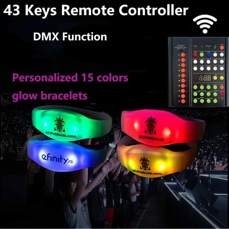 

Customized 100/1000PCS DMX Function LED TPU Silicone Bracelets with 43 Keys Remote Control Glow Wristbands Wedding Party Event