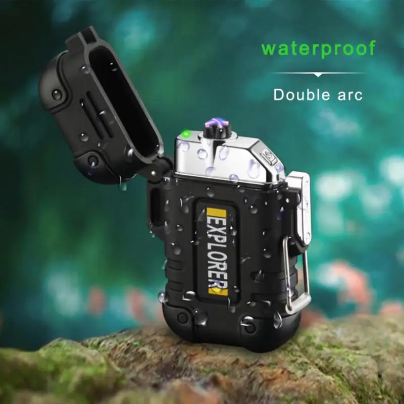 Waterproof Lighter With Lanyard USB Push-up Button Lighter Double-sided Point USB Rechargeable Lighter Electronic Arc Lighter