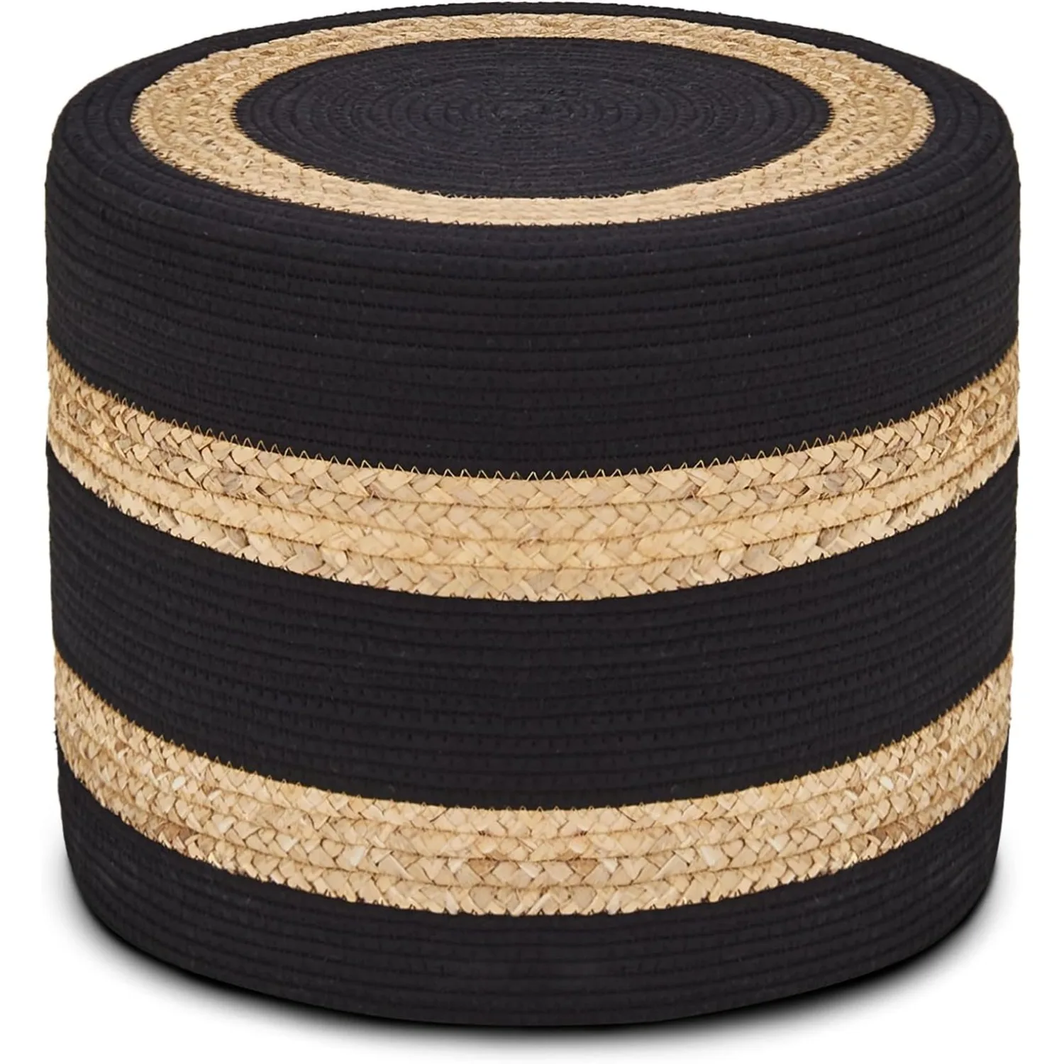 18'' Ottoman Pouf, Braided Poof, Rustic Handweave Lounge Pouffe, Boho Footrest Stool(Natural Water Hyacinth + Black Cotton Rope)