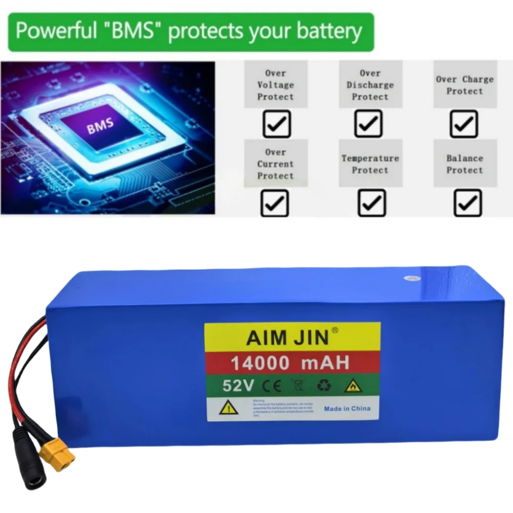 52V 14S4P 14000mah High capacity 18650 Lithium Battery 1500W with BMS for Balance Car, Bike, Scooter, Tricycle + 58.8V Charger