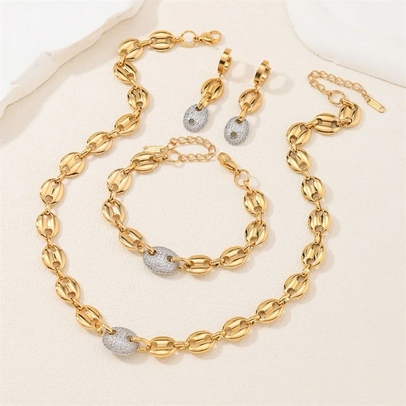 18k Gold Plated Copper Zircon Coffee Bean Necklace Bracelets Earring For Women Wedding Party Banquet Jewelry Set Accessory