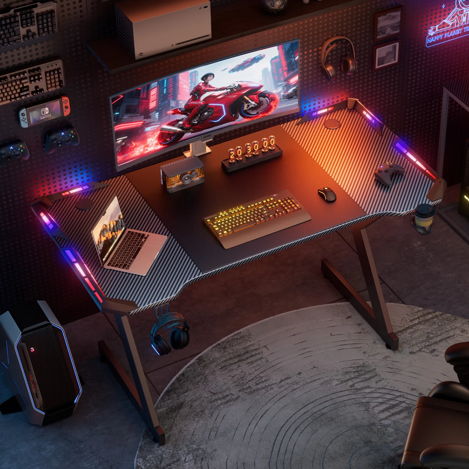 Y‑Shaped Gaming Desk with RGB LED Lights, Ergonomic Carbon‑Fiber Surface PC Workstation Table with Headphone Hook & Cup Holder