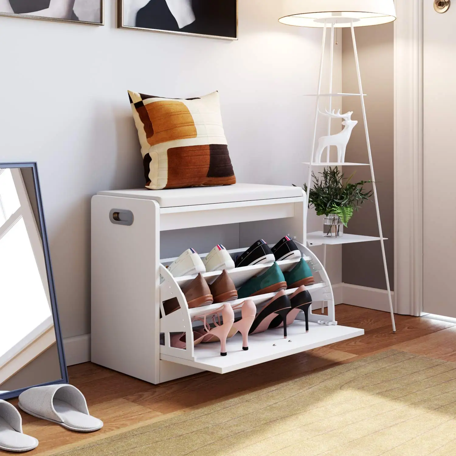 Getone Schuhbank, Sitzbank Schuhschrank mit Sitzkissen Schuhregal bis zu 12 Paare weiß