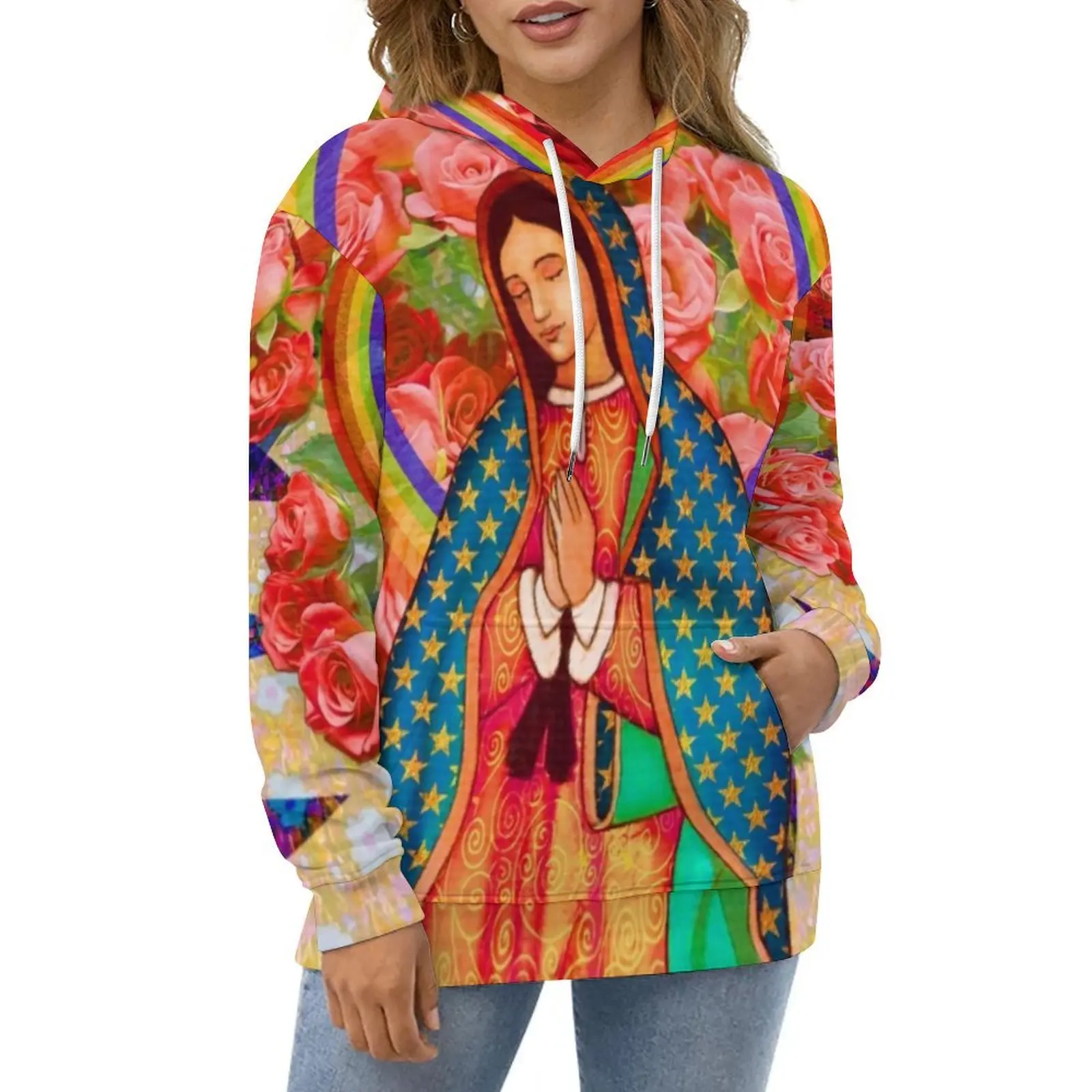 Virgin Mary Casual Hoodies Rainbow Guadalupe Elegant Hoodie Womens Long-Sleeve Street Wear Design Loose Oversized Tops