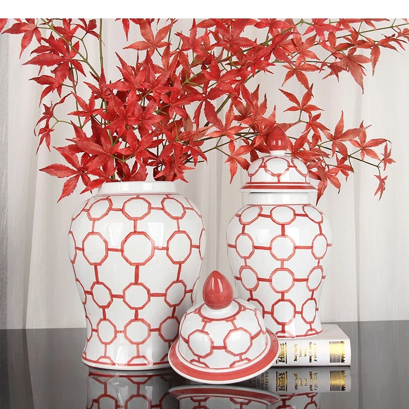 Keramik Schachmatt-Vase Rote Lebkuchenblume Porzellan-Ornament Chinesisches Kunsthandwerk Wohndekorationszubehör