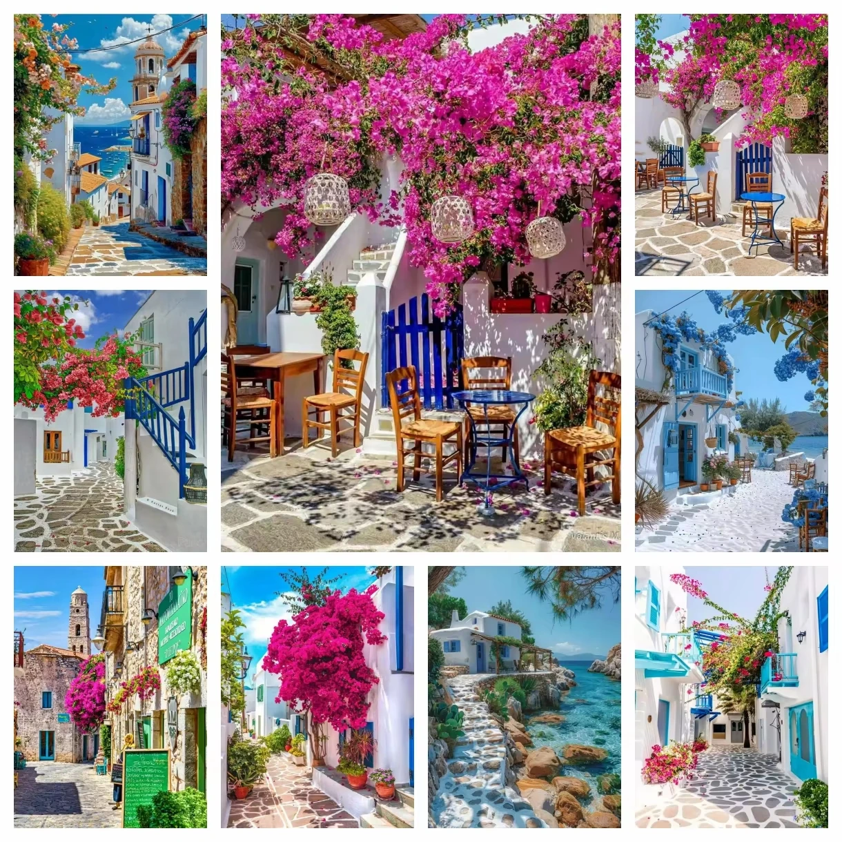 Pintura de Diamantes 5D con Paisaje de Santorini y la Isla de Mykonos, Grecia, Hermoso Paisaje Azul del Mar Egeo, Decoración de Punto de Cruz