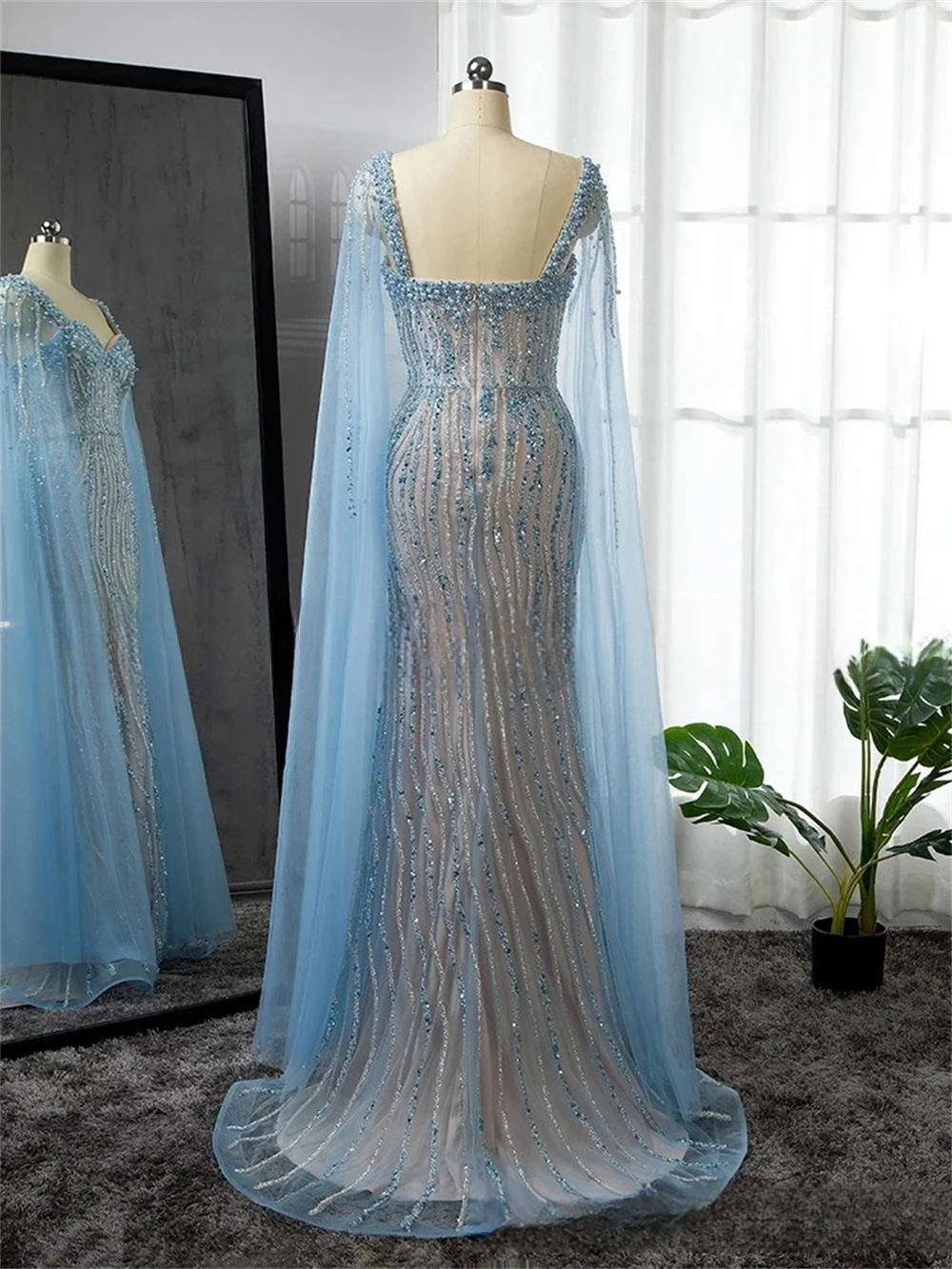 Tulle Cape Rhinestones Party Dresses Live Shot Beaded Prom Dresses For Women Sweetheart Cape Sleeves Arabic Luxury Formal Gown