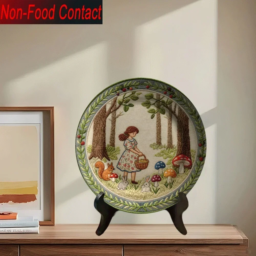 2D 1pc Ceramic Decorative Plate, Forest Girl Mushroom Picking Pattern, Non-Consumable Pure Decorative, Home Tabletop Art