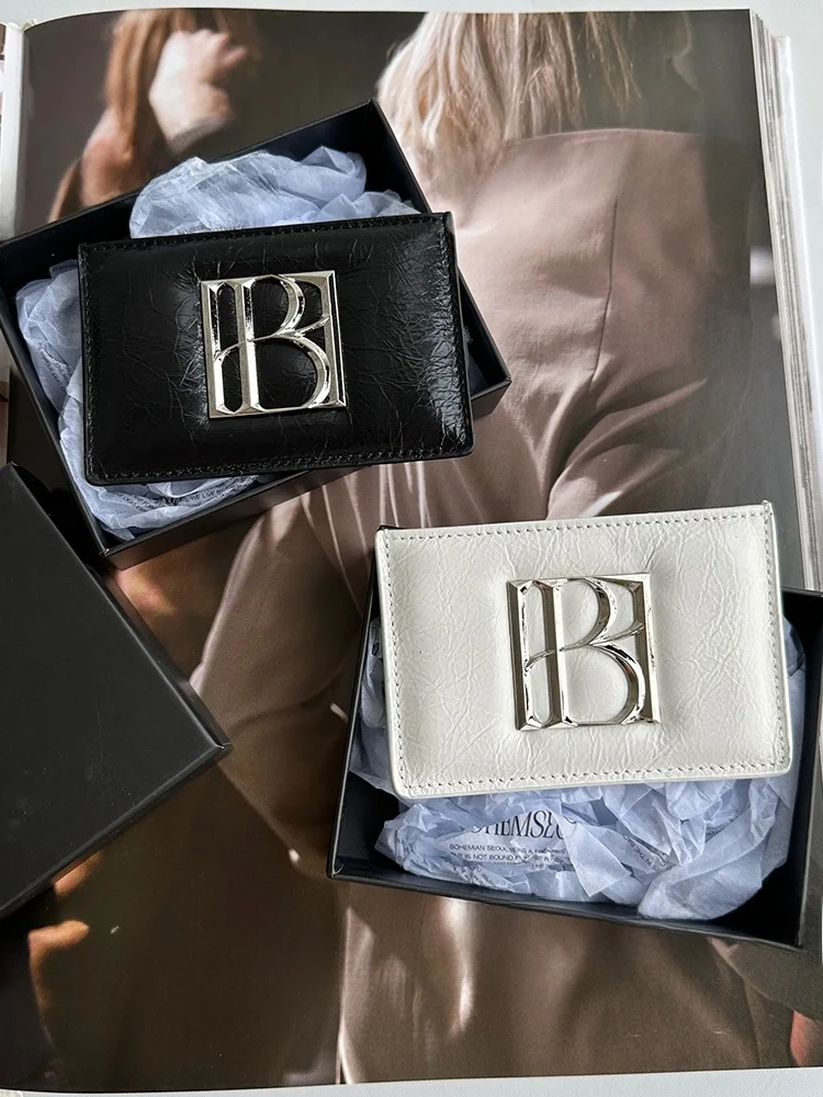 

Metal Hanrted Sewing Head Lamb Skin Small Card Holder ex High Quali Pure Color Leather Goods Korean Sle Youth Bag