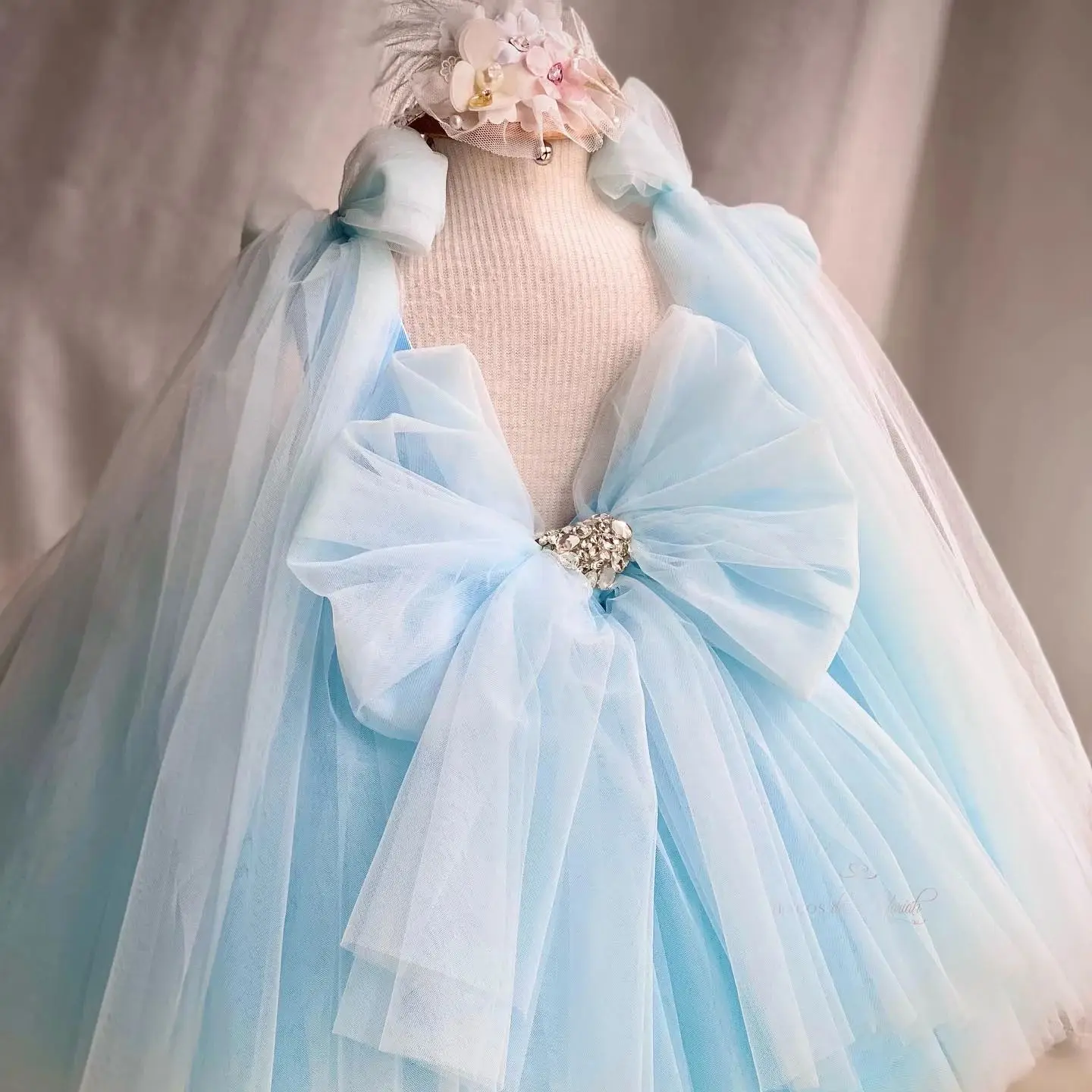 Princess Sky Blue Flower Girl Dresses For Wedding Tulle Bow Appliqued Floral Lolita Toddler Pageant Gowns Kids Birthday Dress