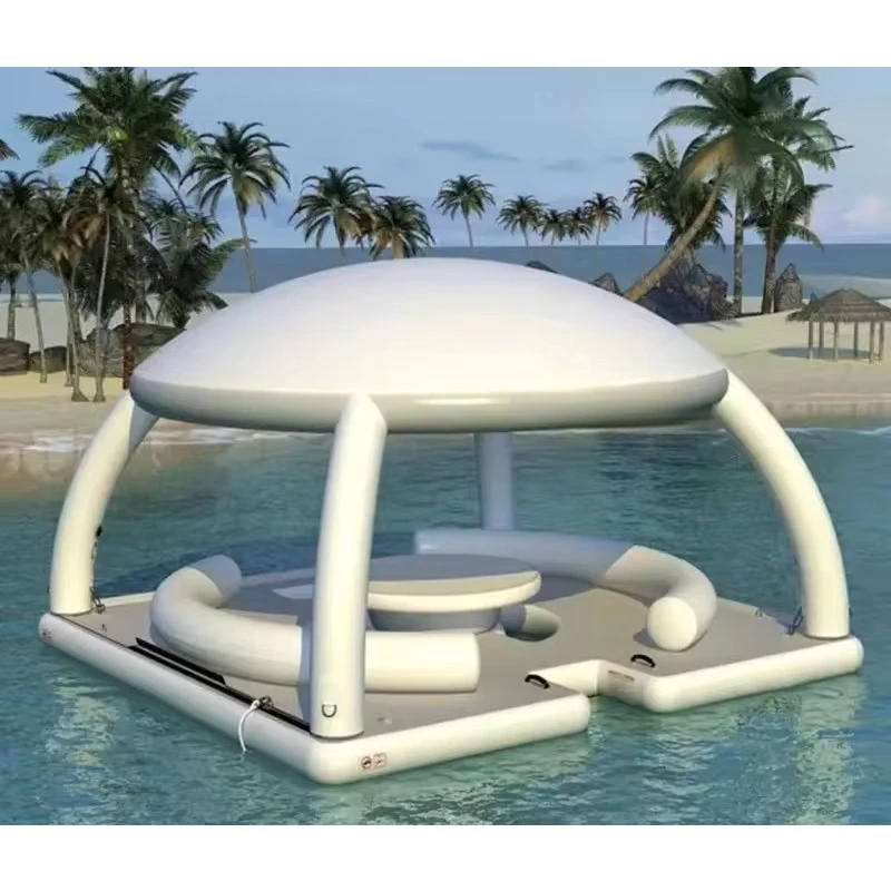 PVC Inflatable Island with Tent Roof Outdoor Water Park Floating Platform for Picnics  Pool Floats