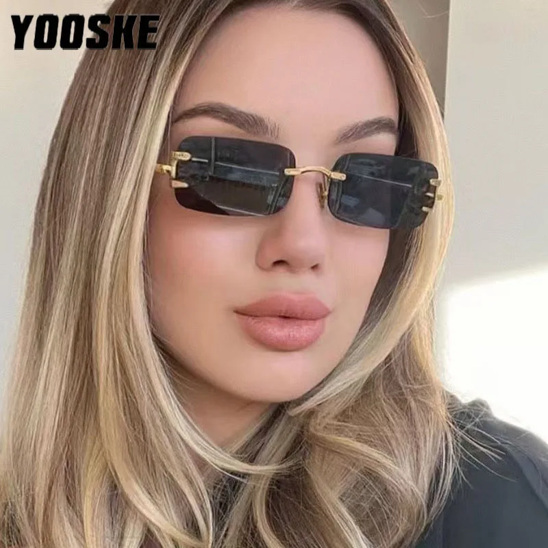 YOOSKE Rimless Sunglasses for Women Fashion Luxury Brand Designer Square Sun Glasses Men Gradient Shades Mirror Eyewear UV400