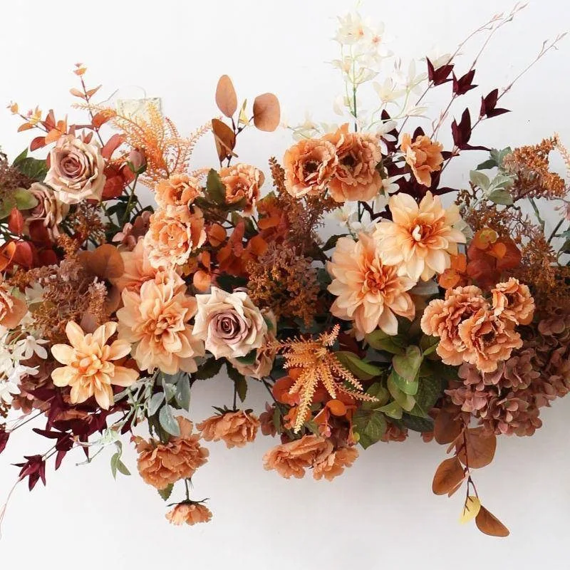 Artificial flower retro brown silk flower row wedding stage wall hanging flower art window activity walkway guide decoration