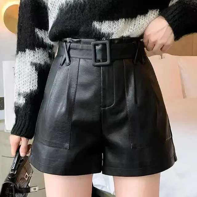 New A-line Leather Pants for Autumn and Winter High Waisted Loose Casual Shorts Popular for Women's Outerwear