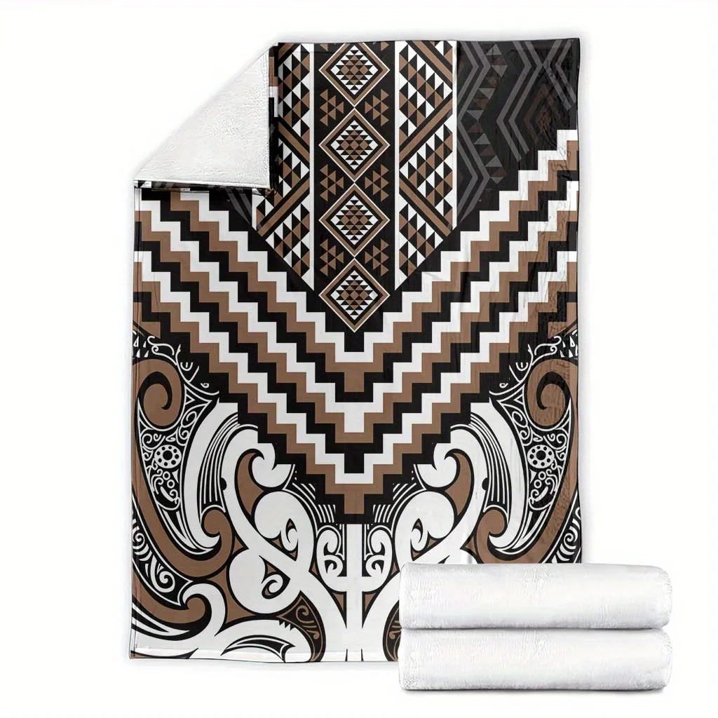 1pc Maori Tribal Tukutani Pattern Flannel Blanket - Contemporary Geometric Design, Soft Lightweight & Quick-Dry, All-Season Use