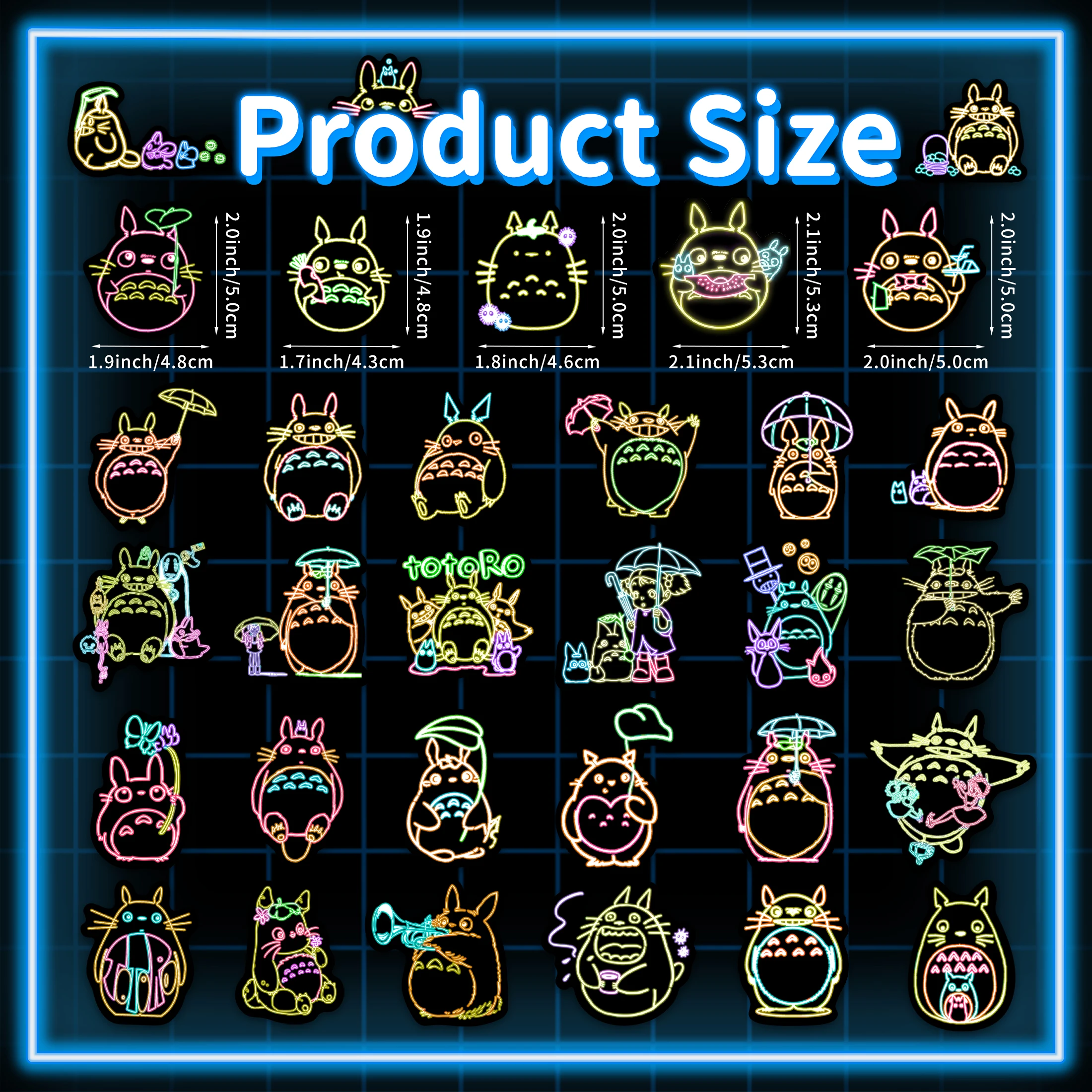 50Pcs Neon Totoro Patterns Glow in the Dark Stickers Vinyl Waterproof Decals Phone Case Computer Decoration for Kids Teens DIY