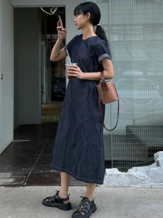 

Korean Sle Unique Design Button up Waist Denim Dr Women's Summer New Vintage ort Sve Long Dr