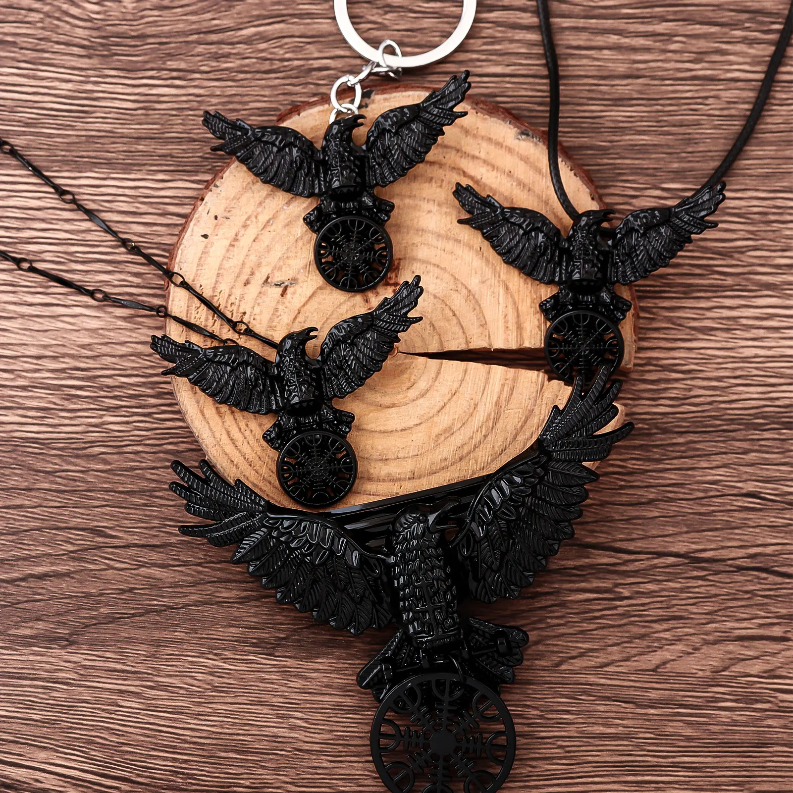 Vintage Viking Black Crow Necklace Odin Raven Compass Rune Pendant Keychain for Men Women Gothic Hairpin Hip Hop Punk Jewelry view 2