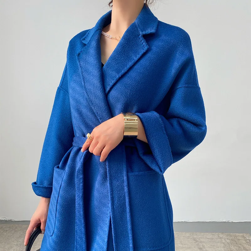 HKSH Herbst Winter Neue Frauen Doppelseitige Wolle Mantel drehen-unten Kragen Gürtel Vielseitig Elegante Trendy Ins Mid-länge Jacke HK13231