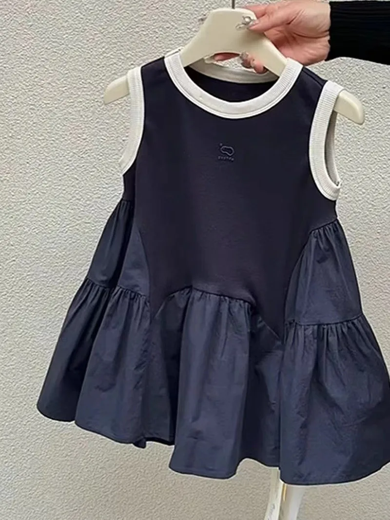 South Korea Children\'s 2024 New Girls\' Dress Summer Casual Splicing T-shirt Skirt Children\'s Color Contrast Sundress 90-130cm