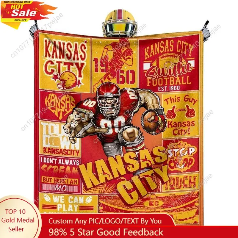 

1pc Kansas City Football Fan Glam Flannel Throw Blanket Machine Washable, Digital Print Polyester Custom blankets