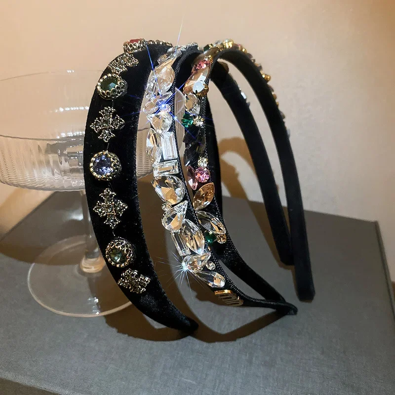 Minar Shiny Full Rhinestone Headband Baroque Cross Colorful Crystal Hairbands Vintage Velvet Head Hoop Women Hair Accessories