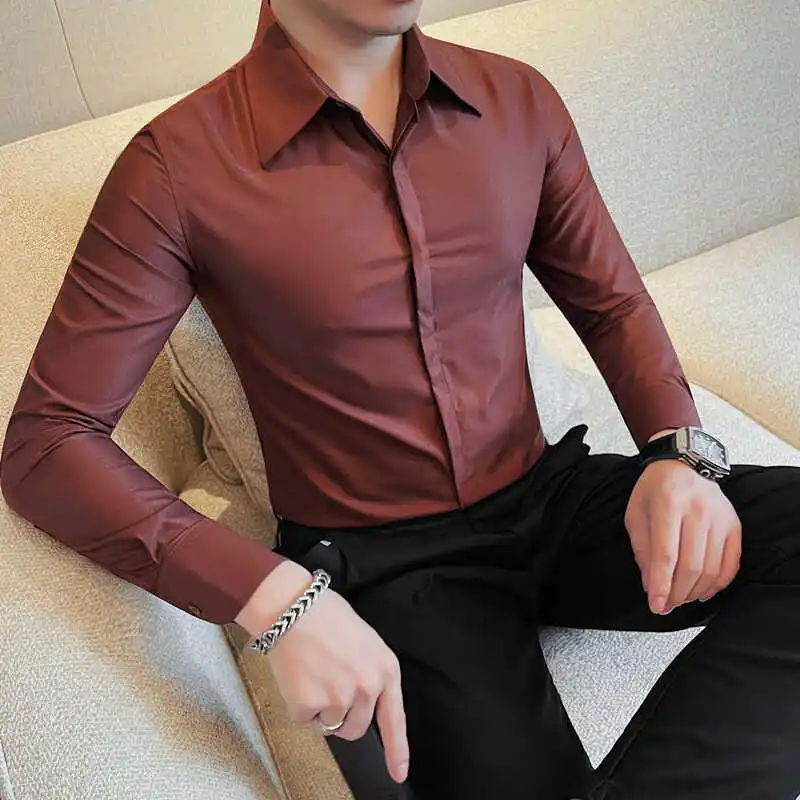 Autumn Winter New Long Sleeve Solid Color Shirt Men's Casual Business Dress Shirts Versatile Hidden Button Shirt Men Clothing