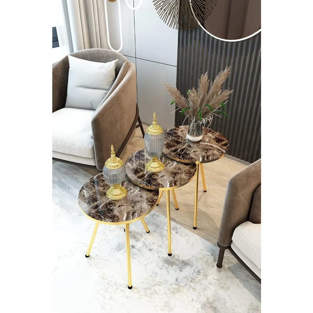 طاولات قهوة مستديرة مكونة من 3 قطع - طاولات جانبية مدمجة قابلة للتكديس للمساحات الصغيرة، مثالية لغرف المعيشة وغرف النوم والليل #5