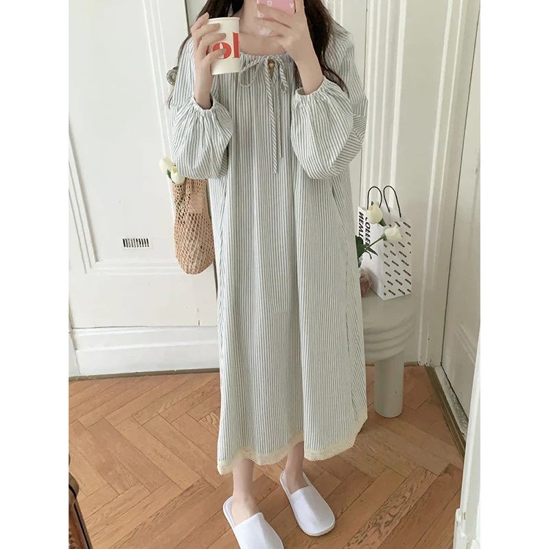 Striped Women Nightgown Korean Style Sleepwear Long Sleeve Night Dress Autumn One Piece Pajamas Casual Home Sleeping Wears New