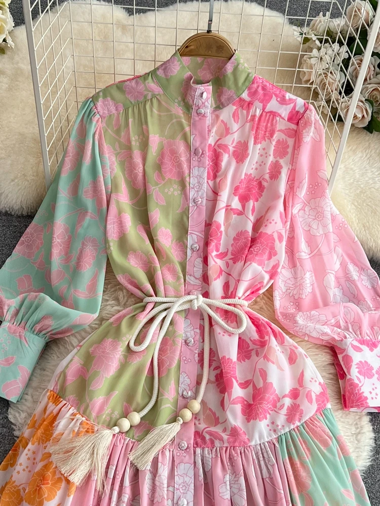 Ele Lantern Sve irt Dr Slimming High Waist Print Long Sve Stand Collar Single Button Positioning Print Dr