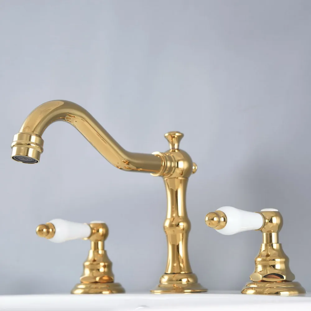 

Luxury Gold Brass Deck Mounted Dual Handles Widespread Bathroom 3 Holes Basin Faucet Mixer Water Taps tnf982