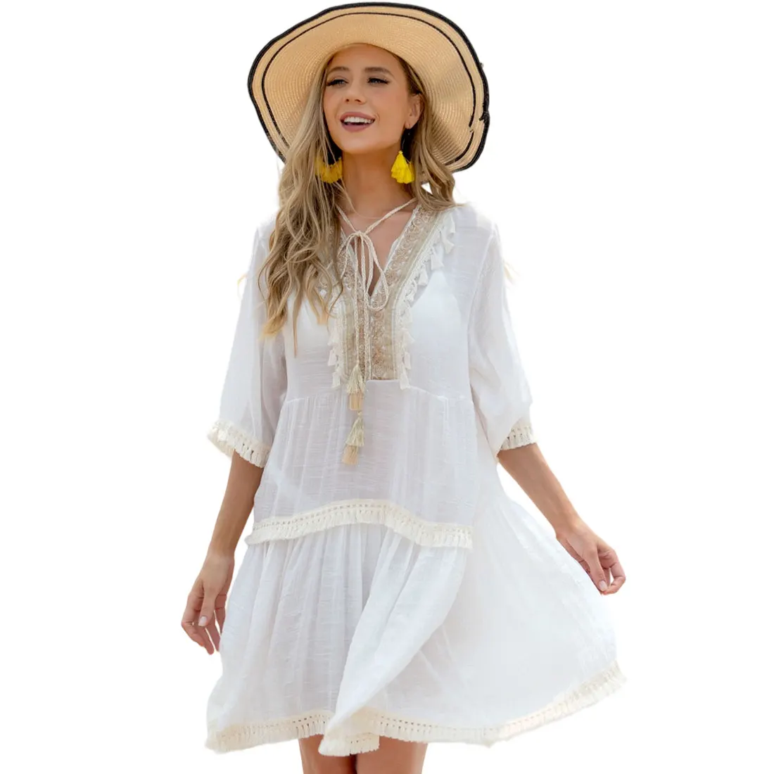 Women Summer Beach Dress Retro Emboss V Neck With Ropes Swim Bikini Cover Ups Tassels Fringed Half Sleeve Beachwear Sundress