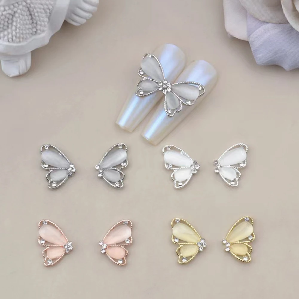 10Pcs Siver White Crystal Butterfly Nail Art Charms 3D Alloy Hollow Cat's Eye Zircon Nail Gems Luxury Butterfly Nail Accessories