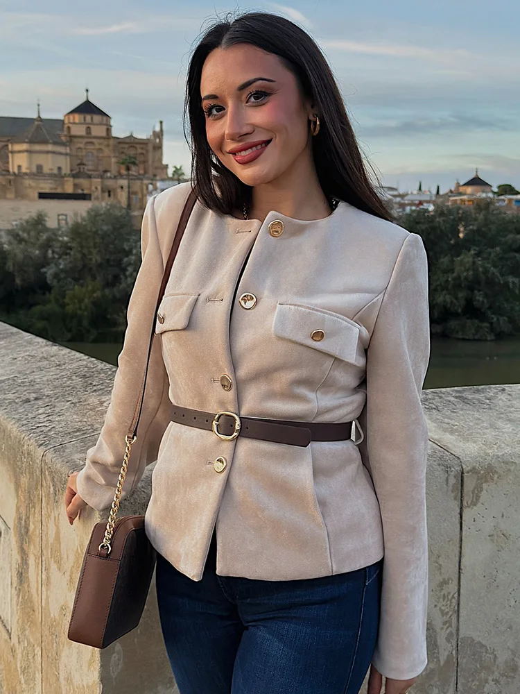 

HH Woman Fake Pocket Belt Single-Breasted Decorate Solid Short Jackets Autumn Women Elegant O-Neck Long Sleeves Street Coat