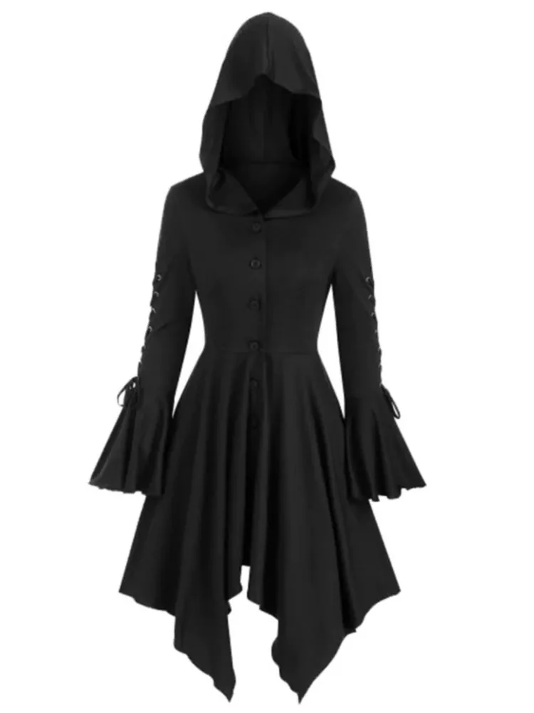 Women's Personality Street Tie Hooded Open Collar Lotus Leaf Sleeve Irregular Dress Autumn Solid Color High Waist Casual Skirt