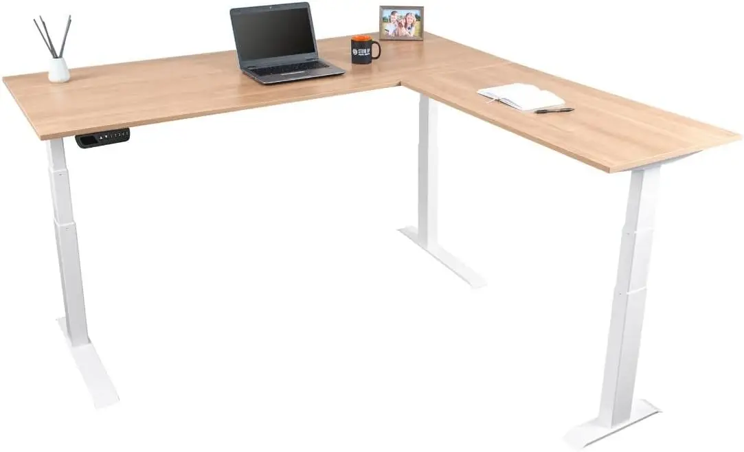 

Triple Motor Electric L Shaped Corner Standing Desk with EZ Assemble Frame White Frame Natural Walnut Top 71" W x 71" D