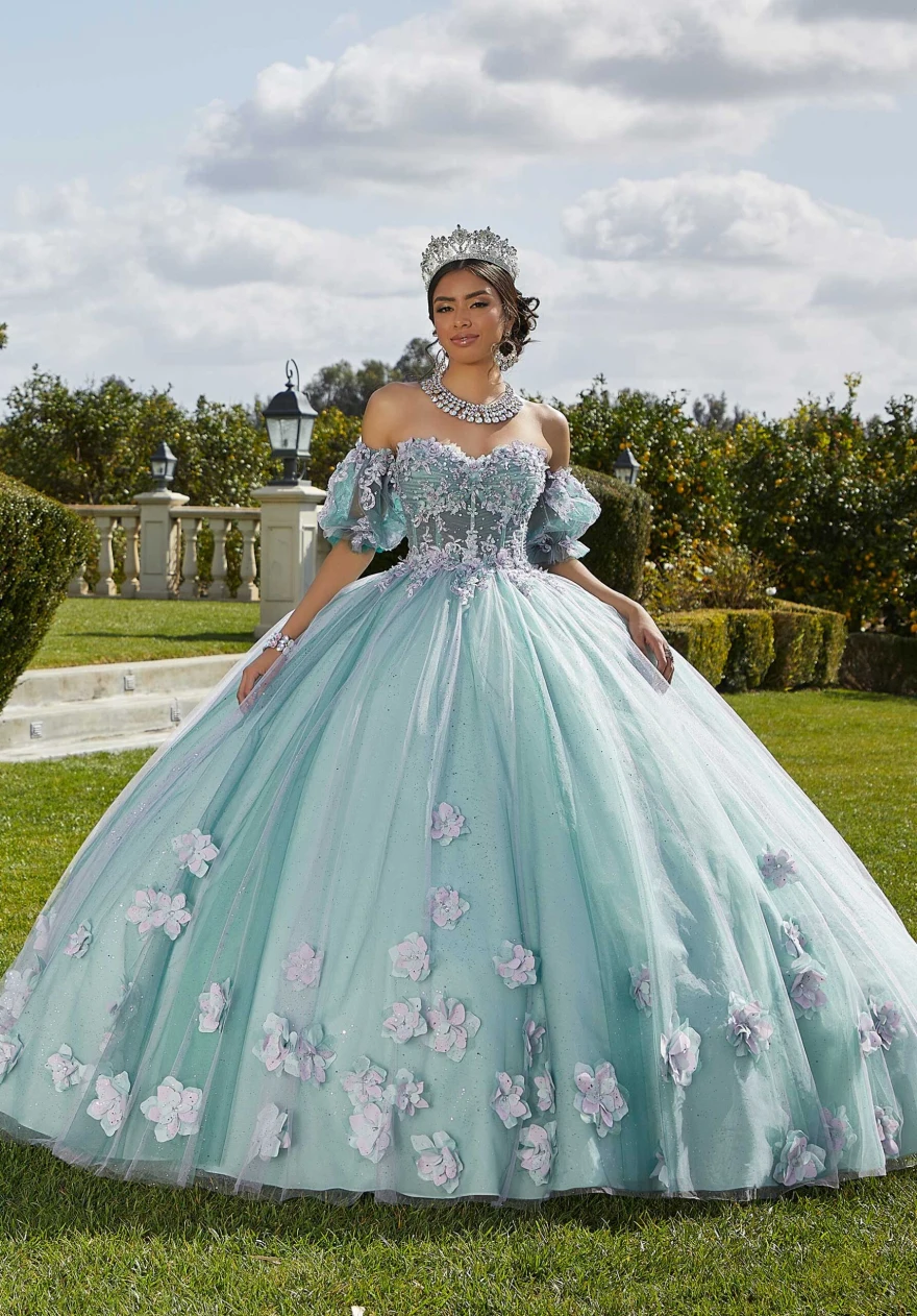 YQDree-Robe de Quinceanera Menthe Personnalisée, Robe de Bal, Fleurs, Manches Bouffantes, Corset, Appliques de Perles, 2024