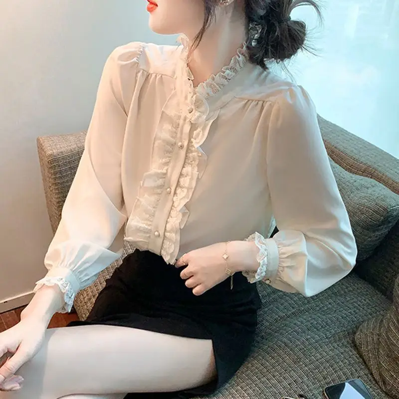 Spring Autumn New Fashion Stand Collar Long Sleeve Blouse Women\'s Clothing Ruffles Pleated French Style Fairy Sweet Chic Shirts