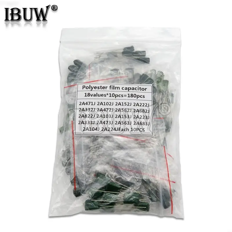 

180PCS=18value*10PCS Polyester film capacitor Assorted Kit contains 2A104J 2A332J 2A472J 2A103J 2A333J 2A473J 2A563J 2A223J