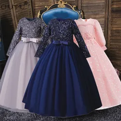 Sequins Flower Children's Wedding Party Long Dress Elegant Girl Baby's Birthday Party Feast Lace Embroidery Long Sleeve Dress