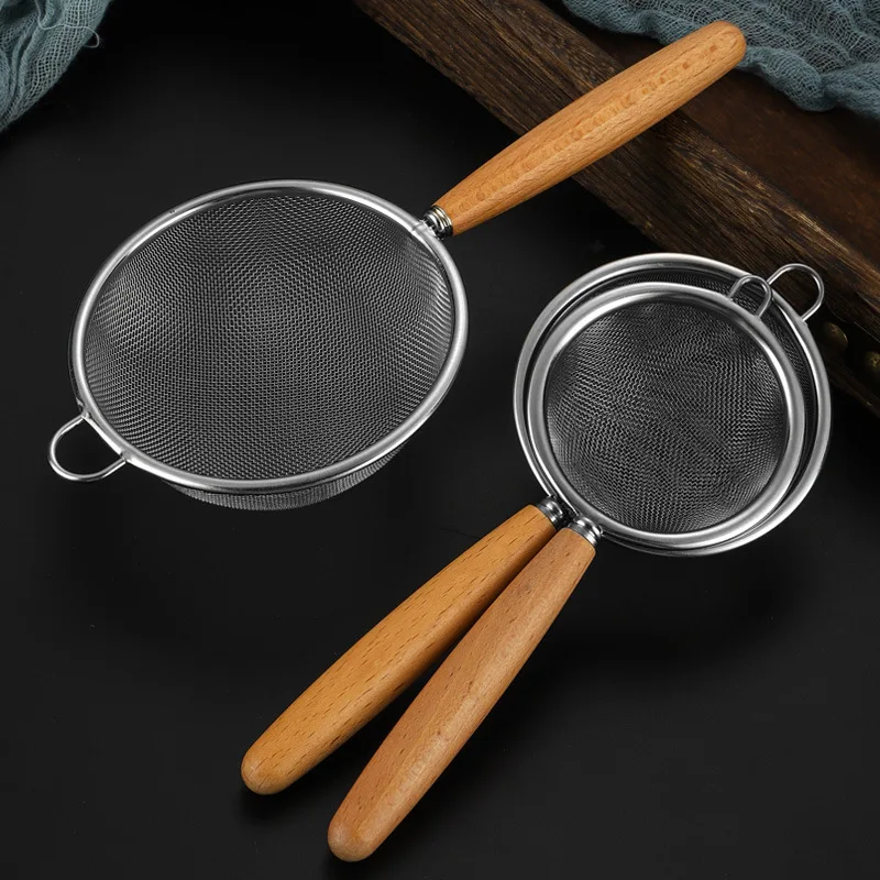 Stainless Steel Fine Mesh Oil Strainer with Wooden Handle Flour Sifter Sieve Colanders Pastry Coffee Mesh Filter Baking Tools