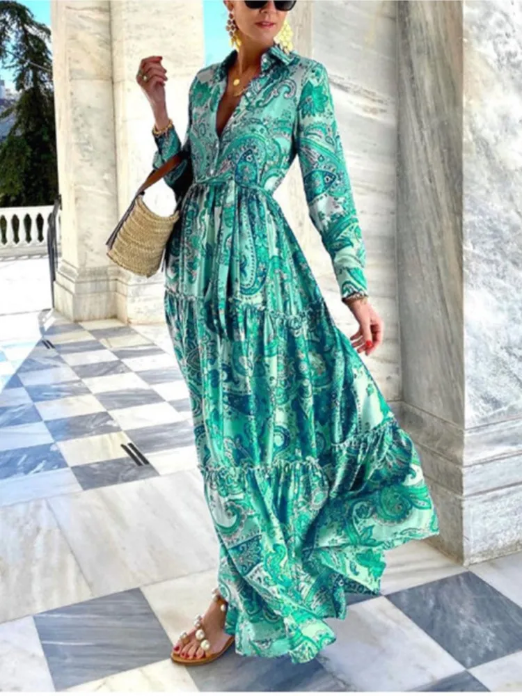 

Elegant Long-sleeved Lapel Dress For Women Fashionable Autumn Winter Printing Waistline Stitching Lace-up Casual Dresses Female