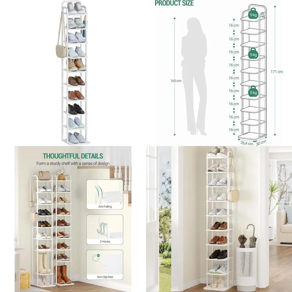 

10-Tier White Shoe Storage Rack with Hooks for Small Spaces, Adjustable Shelves for Home Entryway or Living Room