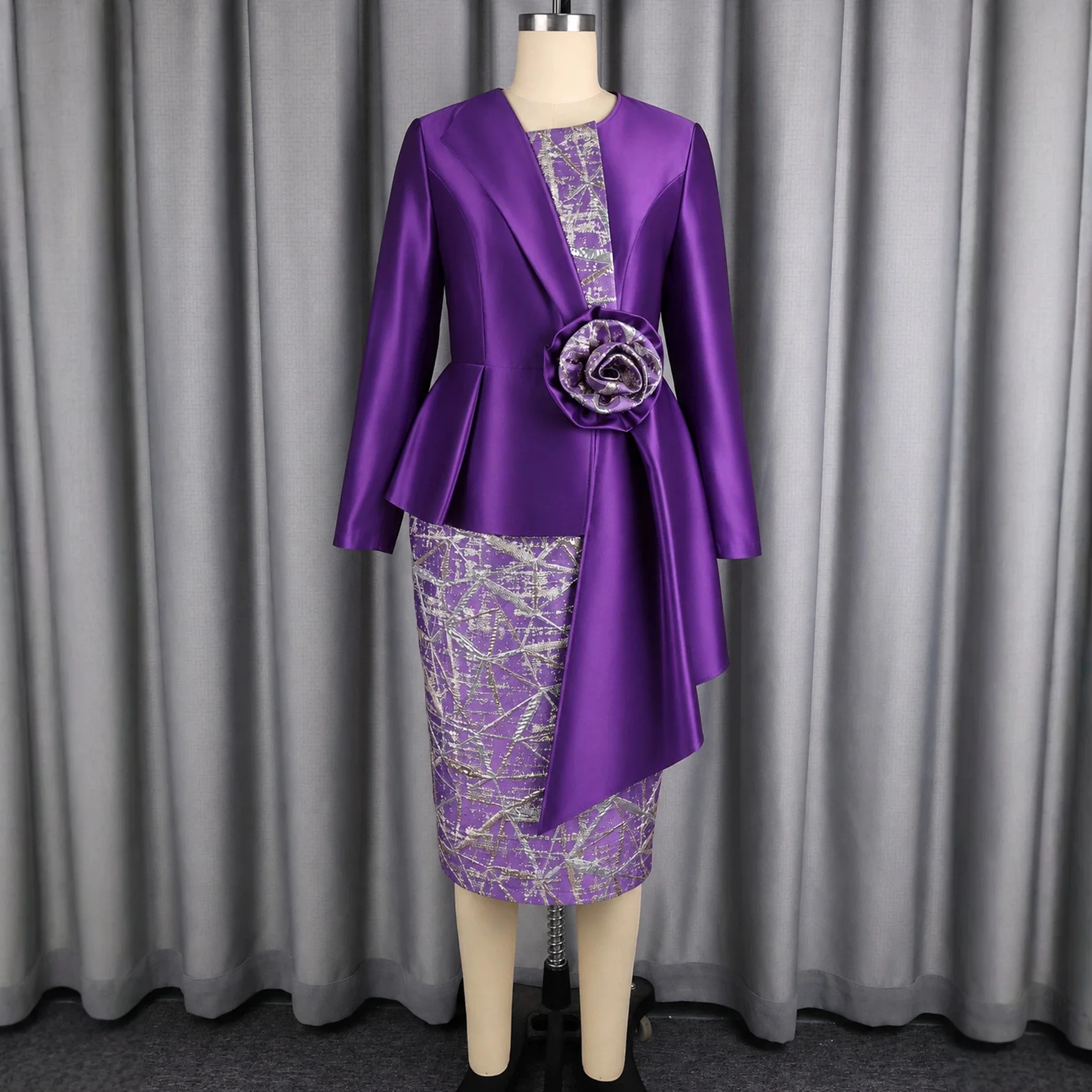 Luxury Women Satin Jacquard Dress O Neck 3D Flower Asymmetric Long Peplum Chic Church Wedding Guest Formal Events Party Outfit