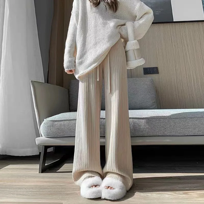 

Autumn and winter 2024 drooping knitted wide leg pants women's high waist straight leg loose pants vertical strip moped LJ334