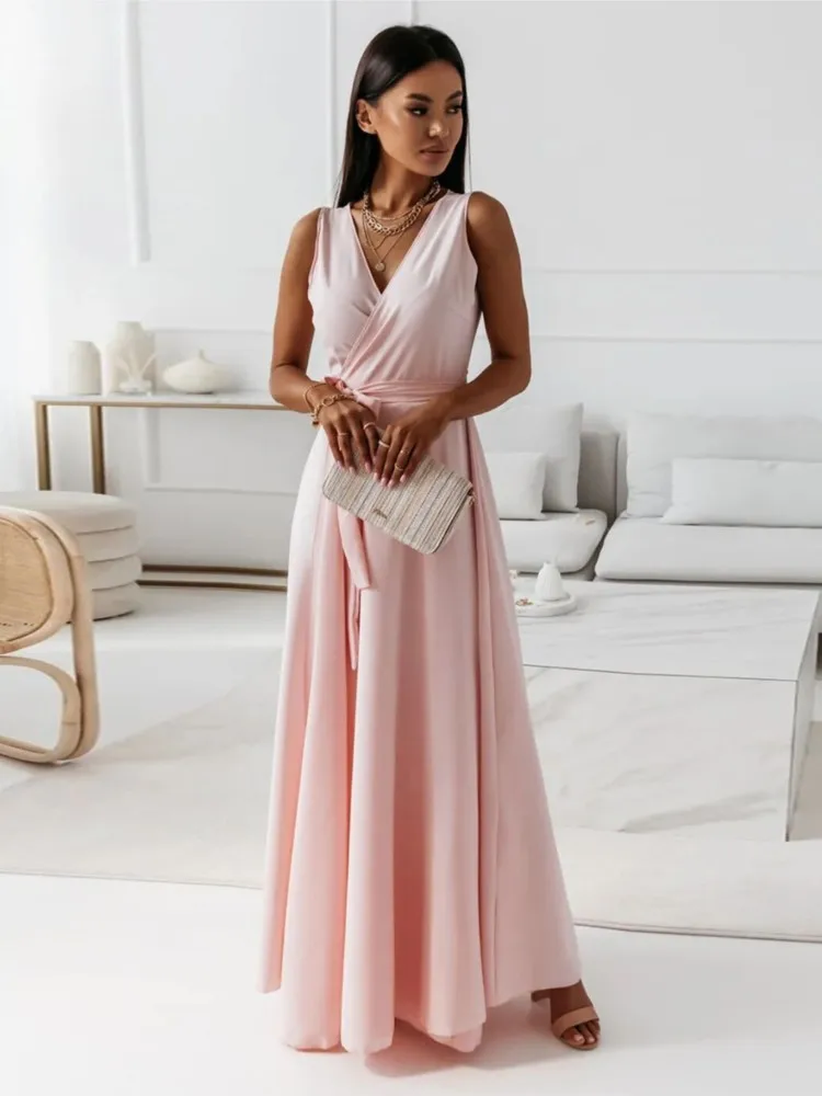 

Summer New Simple And Fashionable Solid Color V-neck Long Skirt Women's Elegant Mid-waisted Sleeveless Slim Temperament Dresses