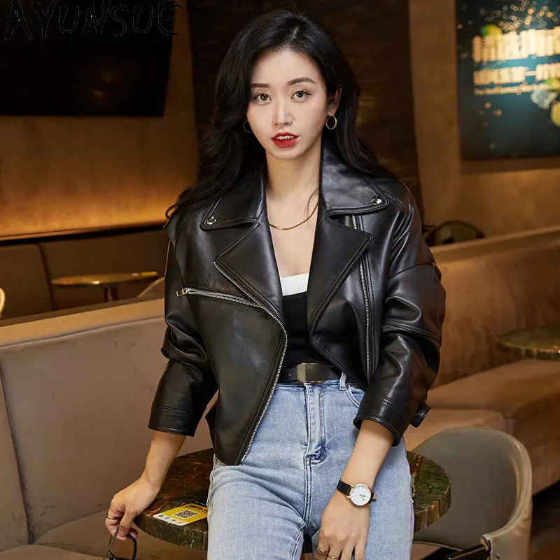 AYUNSUE Real Sheepskin Coat Womens Leather Jacket Short High Waist Genuine Leather Jackets Woman Biker Coats Casaco Feminino