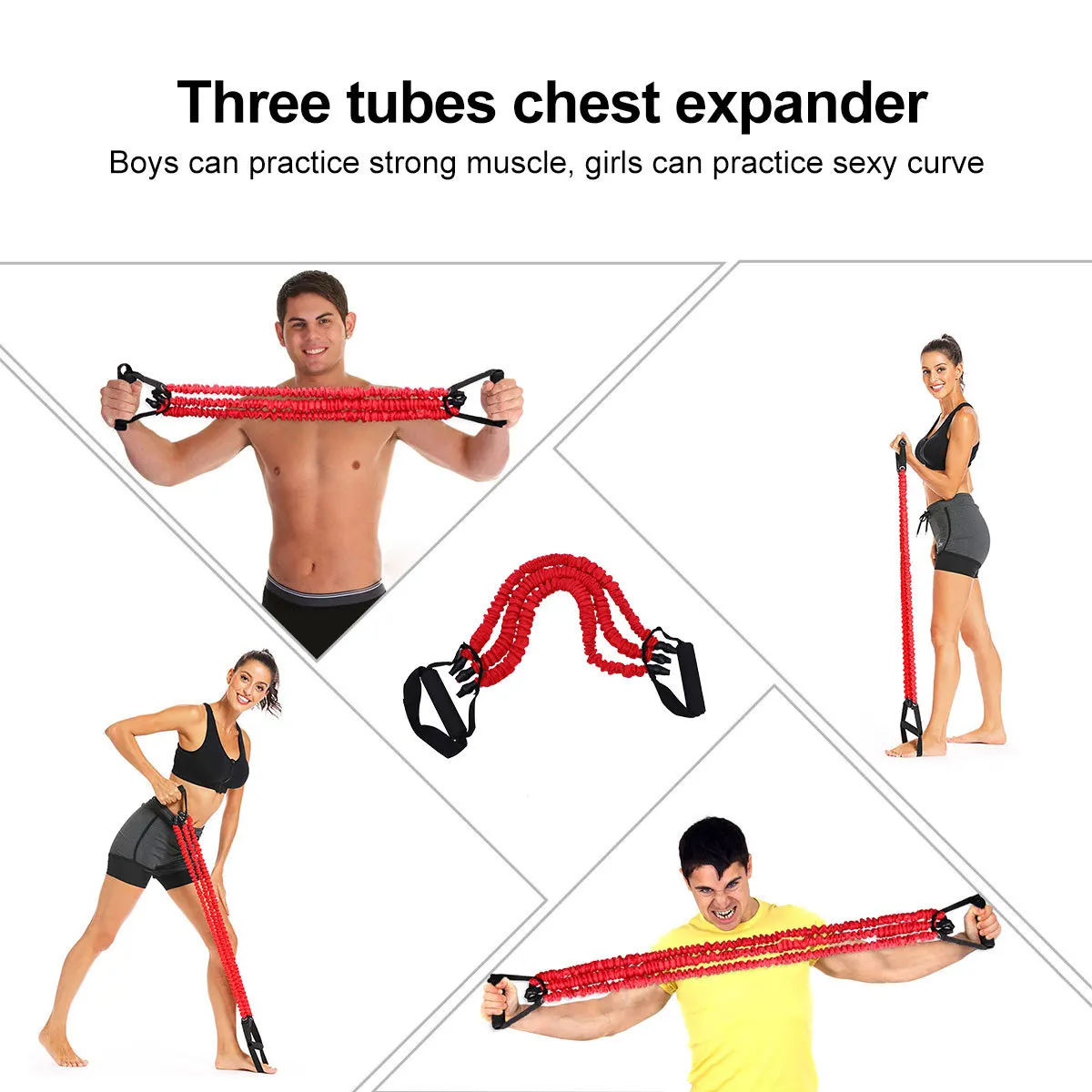 

3 Tubes Chest Expander Fitness Exercise Puller Red 15 Pounds Spring Resistant Band for Muscle Training Adults Portable Arm