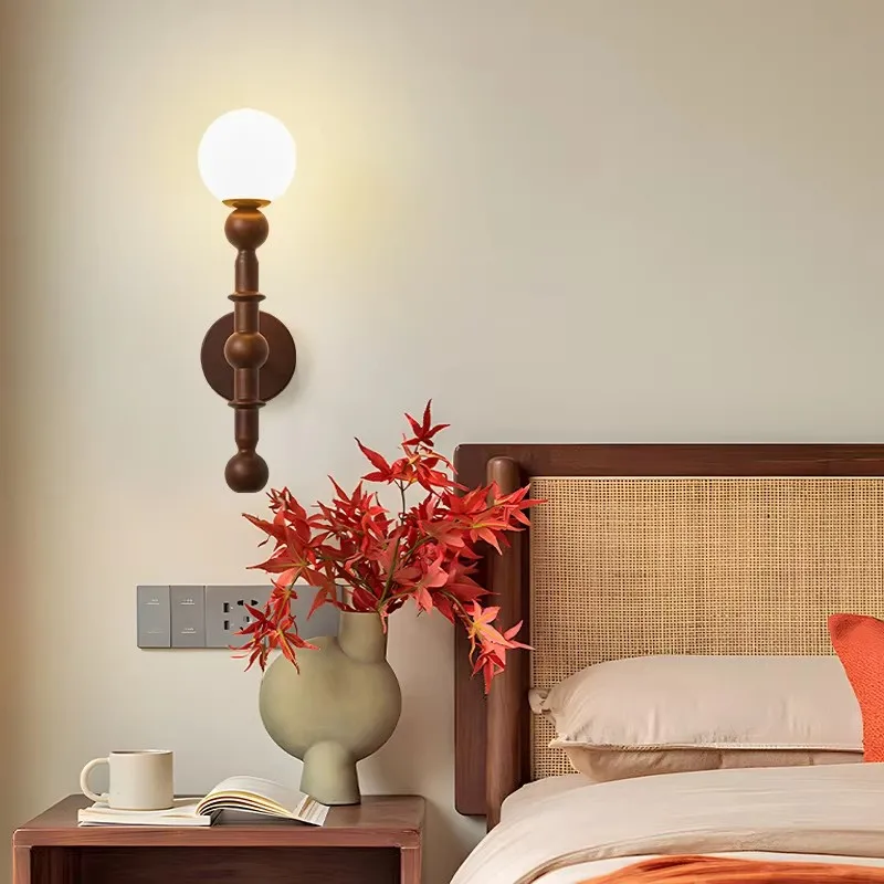 Decorative American vintage solid wood wall lamp with three-color wall switch control, suitable for bedside use in bedroom study
